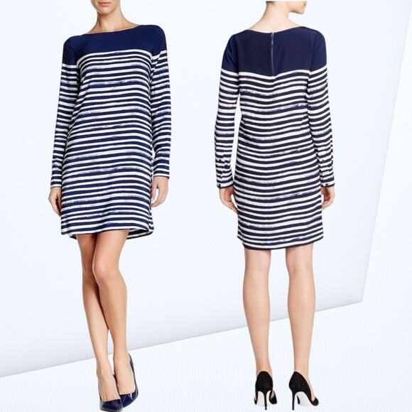 VINCE 100%Silk Shift Dress Marker Stripe Long Sleeve Career Business Casual Blue - Picture 1 of 12